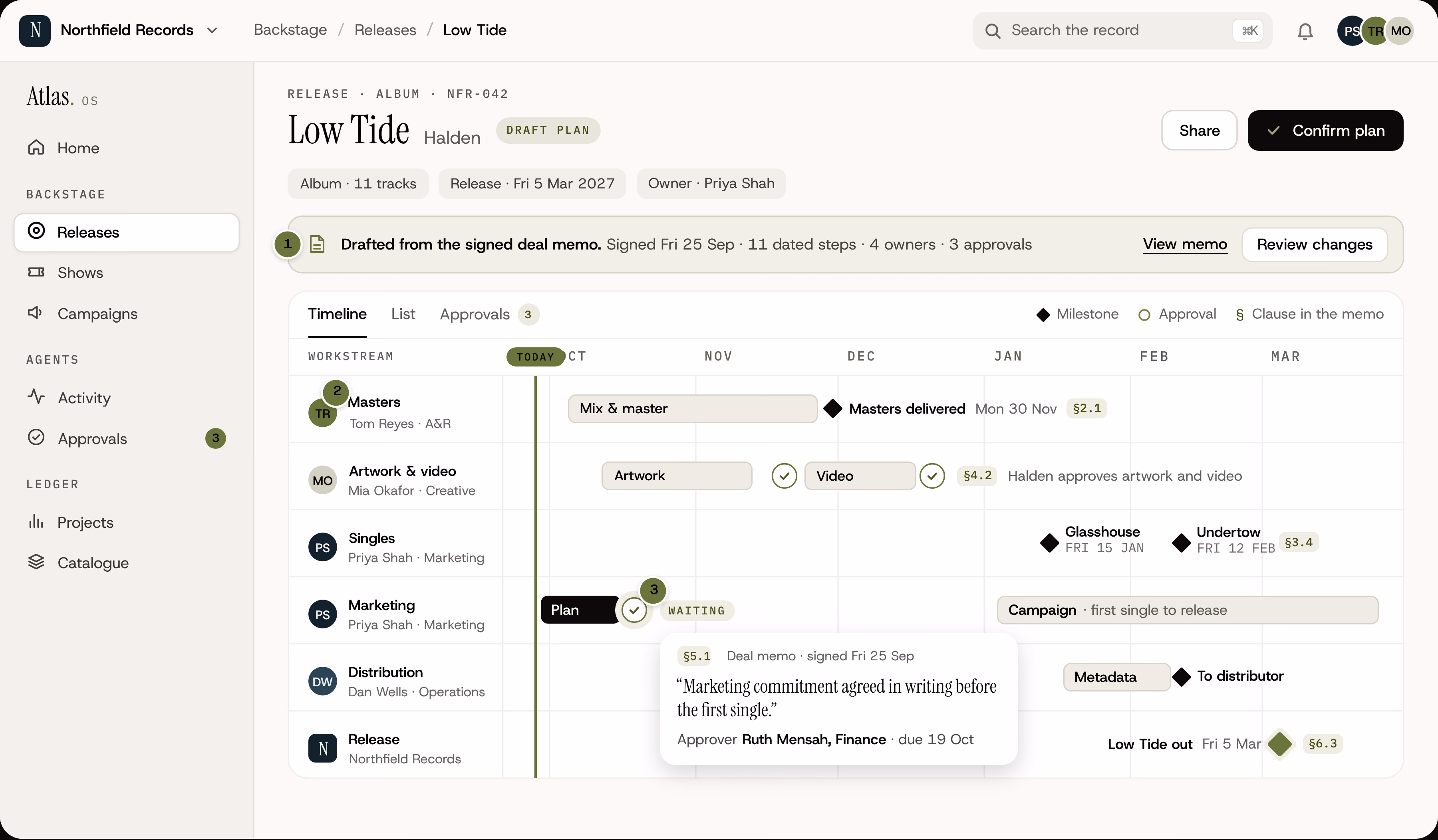 Atlas Backstage showing the release plan for Low Tide by Halden: a timeline of masters, artwork and video, singles, marketing, distribution and release, drafted from the signed deal memo, with owners, approvals and the memo clause behind each step.